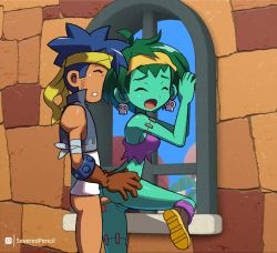 Rule 34 | 1boy, 1girl, against window, anal, animated, animated gif, armband, artist name, bandana, bare arms, bare legs, bare shoulders, blue hair, bolo (shantae), boots, bouncing breasts, breasts, cleft of venus, closed eyes, clothed sex, colored skin, doggystyle, earrings, gloves, green hair, green skin, hands on own hips, happy sex, headband, hetero, indoors, jewelry, moaning, monster girl, no panties, open mouth, pixiv id, pussy, rottytops, severed pencil, sex, sex from behind, shantae (series), shantae and the pirate&#039;s curse, shirt, shoes, skull earrings, sky, socks, stitched arm, stitched leg, stitches, stone wall, testicles, uncensored, vest, wall, wayforward, white shirt, window, zombie, zombie girl