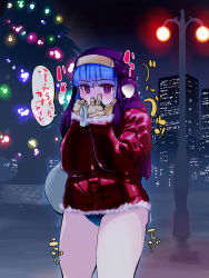 Rule 34 | 1girl, @ @, alternate costume, anamochi, blue buruma, blue hair, blunt bangs, blush, breath, building, buruma, christmas, christmas tree, cold, covering own mouth, cowboy shot, female focus, fur-trimmed jacket, fur-trimmed sleeves, fur trim, gloves, habit, hands up, have to pee, highres, holding, jacket, japanese text, kula diamond, lamppost, long sleeves, nervous, night, night sky, outdoors, own hands together, sack, sky, skyscraper, solo, speech bubble, standing, talking, the king of fighters, translation request, tree, trembling