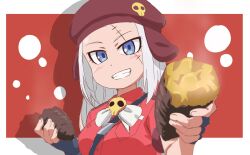 Rule 34 | 1girl, absurdres, blue eyes, bow, bowtie, fingerless gloves, food, giroro (kemono friends), gloves, grey hair, hat, highres, jacket, kemono friends, kemono friends 3, long hair, looking at viewer, red background, red jacket, simple background, skull, solo, sweet potato, upper body, yamaguchi yoshimi