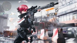 Rule 34 | 1girl, absurdres, arknights, assault rifle, barbed wire, barricade, black footwear, black gloves, black pants, building, car, city, cloud, cloudy sky, commentary request, debris, detached wings, earpiece, exusiai (arknights), fence, fingerless gloves, gloves, gun, halo, highres, holding, holding gun, holding weapon, jacket, jersey barrier, knee pads, kneeling, lamppost, map, motor vehicle, on one knee, orange eyes, outdoors, pants, red hair, rifle, road, scenery, semi truck, seymour (sai lu er), shoes, short hair, sky, sneakers, solo, sports utility vehicle, tactical clothes, tom clancy&#039;s the division, traffic light, trailer, truck, urban, weapon, white jacket, wings