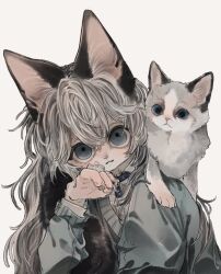 Rule 34 | 1girl, 50 ior, :3, animal, animal ears, animal on shoulder, bandaid, bandaid on cheek, bandaid on face, blue eyes, brooch, cat, cat ears, cat girl, cat on shoulder, cat tail, collar, collared shirt, colored tips, furry, furry female, grey hair, hair between eyes, hand up, head tilt, highres, jewelry, long hair, long sleeves, looking at viewer, multicolored hair, original, paw pose, shirt, simple background, smile, snout, sweater, tail, upper body, white background, white hair, white shirt
