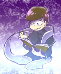 Rule 34 | 1boy, bags under eyes, black capelet, book, brown hair, capelet, chain, half-closed eyes, holding, holding book, long sleeves, male focus, matsuno ichimatsu, messy hair, minto (minton), nervous, open book, open mouth, osomatsu-san, priest, short hair, solo, stole, sweat