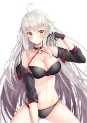 Rule 34 | 1girl, ahoge, bare shoulders, bikini, black bikini, black choker, black jacket, blush, breasts, choker, cleavage, closed mouth, collarbone, commentary request, cowboy shot, fate/grand order, fate (series), frown, gloves, hand in own hair, jacket, jeanne d&#039;arc alter (swimsuit berserker) (fate), jeanne d&#039;arc (fate), jeanne d&#039;arc alter (fate), jeanne d&#039;arc alter (swimsuit berserker) (fate), kotomaru (sirouko9511), large breasts, long hair, navel, o-ring, o-ring bikini, o-ring bottom, o-ring top, shrug (clothing), sidelocks, simple background, solo, spread legs, swimsuit, tagme, very long hair, white background, yellow eyes