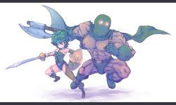 Rule 34 | 1boy, 1girl, big hair, blue eyes, boots, curly hair, dragon quest, dragon quest iv, full body, gloves, green hair, heroine (dq4), hood (dragon quest), leotard, letterboxed, shield, simple background, sleeveless, square enix, sword, tamago tomato, thigh strap, weapon