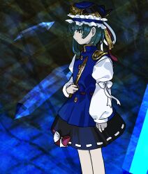 Rule 34 | 1girl, asymmetrical hair, black skirt, blue hat, blue vest, closed mouth, commentary request, cowboy shot, frilled hat, frills, hat, highres, holding, juliet sleeves, kaigen 1025, long sleeves, puffy sleeves, ribbon, ribbon-trimmed skirt, ribbon-trimmed vest, ribbon trim, shiki eiki, shirt, skirt, solo, touhou, vest, white ribbon, white shirt
