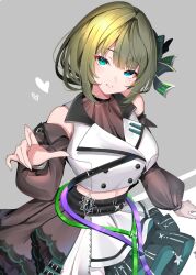 Rule 34 | 1girl, aqua background, aqua eyes, black skirt, black sleeves, blue eyes, closed mouth, commentary request, crop top, detached sleeves, green hair, hair ornament, hand up, heart, heterochromia, highres, idolmaster, idolmaster cinderella girls, layered skirt, long sleeves, looking at viewer, midriff, mole, mole under eye, multicolored clothes, multicolored skirt, puffy long sleeves, puffy sleeves, shirt, short hair, simple background, skirt, sleeveless, sleeveless shirt, smile, solo, takagaki kaede, upper body, white shirt, white skirt, yuanagae