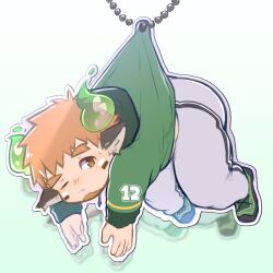 Rule 34 | 1boy, acrylic stand, american football uniform, animal ears, ass, bara, blush, brown hair, chibi, clothes pull, cow boy, cow ears, cow horns, deformed, eye black, facial hair, fat, fat man, fiery horns, forked eyebrows, full body, glowing horns, goatee, green shirt, highres, horns, light blush, male focus, nose blush, one eye closed, osu (osumankokuou), pants, shirt, shoes, short hair, sneakers, solo, spiked hair, sportswear, sweatdrop, thick eyebrows, thighs, tokyo houkago summoners, track pants, wakan tanka