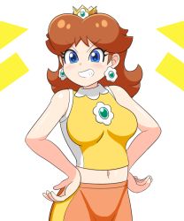 Rule 34 | 1girl, bare shoulders, blue eyes, blush, breasts, brown hair, crown, earrings, flower earrings, gem, grin, hand on own hip, highres, jewelry, kirihoshi, looking at viewer, mario &amp; sonic at the olympic games, mario &amp; sonic at the tokyo 2020 olympic games, mario (series), navel, nintendo, princess daisy, serious, shiny skin, shorts, smile, solo, standing, tomboy