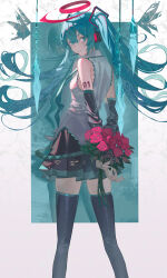 1girl absurdres arm_tattoo arms_behind_back black_skirt black_sleeves black_thighhighs blue_eyes blue_hair bouquet detached_sleeves floating_hair flower from_behind grey_shirt hair_between_eyes hair_ornament hatsune_miku headphones headset highres holding holding_bouquet long_hair looking_at_viewer looking_back miniskirt parted_lips pleated_skirt red_flower red_rose rong_kui_baku rose shirt skirt sleeveless sleeveless_shirt solo standing tattoo thighhighs twintails very_long_hair vocaloid zettai_ryouiki