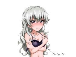 Rule 34 | 1girl, adjusting bra, adjusting clothes, anchovy (girls und panzer), anger vein, black bra, bra, breasts, cleavage, closed mouth, commentary request, covering privates, covering breasts, frown, girls und panzer, green hair, hair down, highres, key (gaigaigai123), long hair, looking at viewer, messy hair, navel, red eyes, simple background, solo, tearing up, translated, underwear, undone bra, upper body, white background