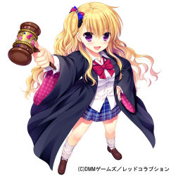 Rule 34 | &gt;:d, 1girl, :d, blonde hair, blue nails, blush, brown footwear, contrapposto, dmm, earrings, eyebrows, foreshortening, full body, gavel, hagino kouta, hair ornament, hand on own hip, jewelry, long hair, looking at viewer, loose socks, luisa (red corruption), luise (red corruption), nail polish, official art, one side up, open mouth, plaid, plaid skirt, polka dot, purple eyes, red corruption, robe, school uniform, shoes, skirt, smile, socks, solo, standing, stud earrings, v-shaped eyebrows, watermark, wavy hair, white background, white socks, wide sleeves