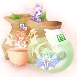 Rule 34 | 3girls, :d, ^ ^, bad id, bad pixiv id, bag, blue dress, brown hair, capelet, closed eyes, cup, daiyousei, dress, fairy wings, flower, green hair, hair ribbon, halo, highres, jar, kuroyume (dark495), leaf, looking at viewer, mini person, minigirl, multiple girls, open mouth, power-up, puffy short sleeves, puffy sleeves, purple dress, purple eyes, purple hair, ribbon, short sleeves, side ponytail, smile, spoon, sunflower, sunflower fairy (touhou), tea, teacup, touhou, two side up, underwater, v arms, white dress, wings, zombie fairy (touhou)