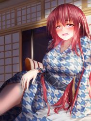 Rule 34 | 1girl, blush, japanese clothes, kimono, legs, long hair, looking at viewer, okazaki yumemi, red hair, sash, shouji, sitting, sliding doors, smile, teruteru12, touhou, touhou (pc-98), yokozuwari, yukata
