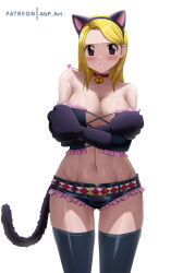 Rule 34 | 1girl, animal ears, animal hands, arms under breasts, artist request, blonde hair, blush, breasts, brown eyes, cat ears, cat girl, cat hair ornament, cat lingerie, cat paws, cat tail, cleavage, collar, crossed arms, fairy tail, female focus, hair ornament, highres, large breasts, long hair, lucy heartfilia, meme attire, navel, shorts, signature, simple background, solo, tail, thick thighs, thighhighs, thighs
