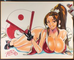 Rule 34 | 1girl, ankle boots, bare shoulders, boots, breasts, brown eyes, brown hair, cleavage, earrings, fatal fury, female focus, fingerless gloves, folding fan, full body, gloves, hand fan, high ponytail, highres, holding, holding fan, huge breasts, japanese clothes, jewelry, long hair, looking at viewer, lying, matching hair/eyes, ninja, no panties, obi, open mouth, pelvic curtain, ponytail, revealing clothes, robaato, sash, shiranui mai, smile, solo, the king of fighters
