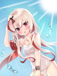 Rule 34 | 1girl, armband, azur lane, breasts, bubble, collarbone, hair ornament, irasuto neko35, lens flare, long hair, looking at viewer, low twintails, maestrale (azur lane), multicolored hair, ocean, red eyes, school swimsuit, silver hair, sky, small breasts, solo, sun, swimsuit, twintails, two-tone hair