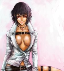 Rule 34 | 1girl, belt, black hair, breasts, capcom, cleavage, devil may cry, devil may cry (series), devil may cry 4, female focus, gradient background, jacket, jewelry, lady (devil may cry), necklace, red eyes, scar, short hair, sin (njn1), solo, sunglasses, white background