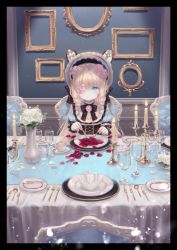 Rule 34 | 1girl, animal hood, black border, blonde hair, blue eyes, border, burning, candle, candlestand, chair, closed mouth, commentary request, corset, cup, drinking glass, fire, flower, flower over eye, fork, hair flower, hair ornament, hat, highres, hood, indoors, knife, lolita fashion, long hair, on chair, one eye covered, original, petals, picture frame, pink flower, pink rose, plate, red flower, red rose, rose, rose petals, sitting, solo, spoon, table, vase, white flower, white rose, wine glass, yumeichigo alice