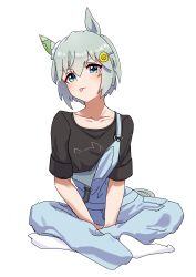 Rule 34 | 1girl, absurdres, animal ears, black shirt, blue eyes, blue overalls, commentary request, crossed legs, ear covers, grey hair, hair between eyes, hair ornament, hairclip, highres, horse ears, horse girl, horse tail, indian style, looking at viewer, official alternate costume, overalls, partial commentary, seiun sky (umamusume), senchan 7, shirt, short hair, short sleeves, simple background, single ear cover, sitting, socks, solo, tail, tongue, tongue out, umamusume, v-shaped eyebrows, white background, white socks