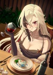 Rule 34 | 1girl, absurdres, alternate costume, alternate hairstyle, arlecchino (genshin impact), artist name, bare shoulders, black dress, black eyes, black gloves, black hair, blush, bottle, breasts, candle, character food, cleavage, cup, dress, drinking glass, dutch angle, furina (genshin impact), genshin impact, gloves, hair between eyes, hair down, hand up, highres, holding, holding cup, jewelry, long hair, looking at viewer, medium breasts, multicolored hair, nako (nakosenna), necklace, pearl necklace, plate, red hair, red pupils, smle, solo, streaked hair, symbol-shaped pupils, upper body, white hair, wine bottle, wine glass, x-shaped pupils