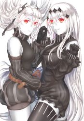 Rule 34 | 2girls, abyssal crane princess, abyssal ship, aircraft carrier water oni, armor, armored boots, black dress, black legwear, boots, colored skin, detached sleeves, dress, holding hands, highres, horns, japanese clothes, kantai collection, long hair, multiple girls, red eyes, ribbed dress, sabakuomoto, sailor dress, short dress, thighhighs, very long hair, white background, white hair, white skin