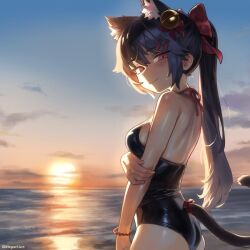 Rule 34 | 1girl, animal ears, ass, bell, black one-piece swimsuit, blue hair, bow, breasts, cat ears, cat girl, cat tail, closed mouth, cloud, commentary, commission, day, english commentary, fish hair ornament, hair bell, hair bow, hair ornament, hepari, highres, long hair, looking at viewer, medium breasts, neck ribbon, ocean, one-piece swimsuit, original, outdoors, ponytail, red bow, red eyes, red ribbon, ribbon, sky, solo, swimsuit, tail, twitter username, water