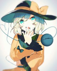 Rule 34 | 1girl, :o, alternate hair color, black hat, black nails, blouse, bow, commentary request, eyeball, frilled sleeves, frills, green eyes, grey background, grey hair, hand to own mouth, hat, hat bow, hat ribbon, ikasoba, komeiji koishi, long sleeves, looking at viewer, nail polish, open mouth, ribbon, shirt, short hair, simple background, solo, third eye, touhou, wide sleeves, yellow bow, yellow ribbon, yellow shirt
