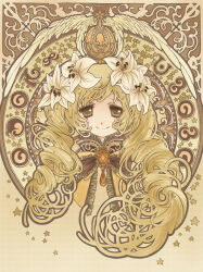 Rule 34 | 1girl, art nouveau, blonde hair, brown eyes, closed mouth, commentary request, cross, drill hair, eyelashes, flower, hair flower, hair focus, hair ornament, highres, lily (flower), madoka runes, mahou shoujo madoka magica, mahou shoujo madoka magica (anime), odeko2887, smile, solo, soul gem, split mouth, star (symbol), straight-on, tomoe mami, white flower, white wings, wings