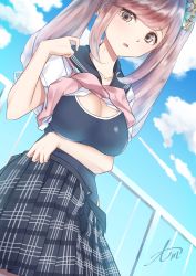 Rule 34 | 1girl, blue reflection (series), blue reflection maboroshi ni mau shoujo no ken, breasts, cleavage, cloud, highres, inoue chihiro, long hair, school uniform, sky, solo, swimsuit, swimsuit under clothes, twintails, undressing