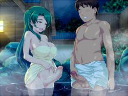 Rule 34 | 1boy, 1futa, bare shoulders, blush, breasts, censored, cleavage, futa with male, futanari, green hair, large breasts, long hair, mosaic censoring, open mouth, outdoors, penis, penis awe, penis size difference, potato house, red eyes, short hair, small penis, smile, testicles, water, zantei