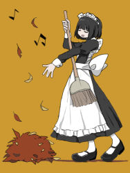 Rule 34 | 1girl, \||/, apron, autumn leaves, back bow, black dress, black footwear, black shirt, blunt bangs, bow, broom, closed eyes, dress, falling leaves, frilled apron, frills, full body, hand up, heel up, holding, holding broom, juliet sleeves, leaf, leaf pile, long sleeves, maid, maid apron, maid headdress, mary janes, musical note, open mouth, original, outstretched arm, puffy sleeves, shirt, shoes, simple background, sleeve cuffs, smile, solo, umi ha kirai, unconventional guitar, white apron, white bow, yellow background