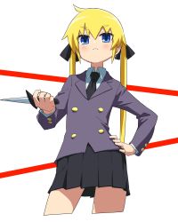 Rule 34 | 1girl, black necktie, black ribbon, black skirt, blonde hair, blue eyes, blush, closed mouth, contrapposto, hair ribbon, highres, holding, holding knife, kill me baby, knife, long hair, long sleeves, looking at viewer, necktie, pleated skirt, ribbon, skirt, solo, sonya (kill me baby), twintails, yachima tana
