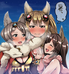 Rule 34 | 10s, 3girls, :d, animal ears, aster (granblue fantasy), blonde hair, blue eyes, blush, brown eyes, brown hair, cat ears, erune, closed eyes, granblue fantasy, grey hair, long hair, metera (granblue fantasy), mole, mole under mouth, multiple girls, open mouth, scarf, short hair, siblings, sideways mouth, sisters, smile, snow, snowing, stella (granblue fantasy), sutera (granblue fantasy), thought bubble, twintails, wavy mouth, yunodon (sugar maple)