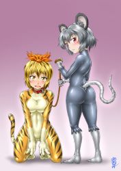 Rule 34 | 2girls, animal costume, animal ears, animal print, aozame takao, ass, blonde hair, blush, bodysuit, breasts, breasts squeezed together, collar, fangs, gradient background, grey hair, hair ornament, kneeling, latex, latex suit, leash, medium breasts, mouse costume, mouse ears, mouse tail, multicolored hair, multiple girls, nazrin, open mouth, red eyes, small breasts, standing, streaked hair, tail, tiger costume, tiger print, toramaru shou, touhou, v arms, yellow eyes