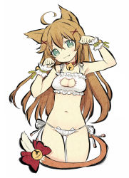 Rule 34 | 1girl, :3, ahoge, animal ears, bell, neck bell, bow, bra, breasts, brown hair, cat cutout, cat ears, cat lingerie, cat tail, cleavage, cleavage cutout, clothing cutout, collar, cowboy shot, cross hair ornament, enokorogusa (flower knight girl), fang, flower knight girl, green eyes, hair ornament, hair ribbon, head tilt, highres, long hair, looking at viewer, meme attire, midriff, navel, panties, paw pose, ribbon, side-tie panties, smile, solo, tail, tail bell, tail bow, tail ornament, underwear, ushi (ushi22), white background, x hair ornament