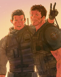 Rule 34 | 2boys, bara, black gloves, black hair, brown hair, brown scarf, bulletproof vest, chris redfield, closed mouth, dirty, dirty face, facial hair, gloves, green shirt, highres, kuconoms, looking at viewer, male focus, multiple boys, muscular, muscular male, open mouth, piers nivans, resident evil, resident evil 6, scarf, shirt, short hair, smile, v