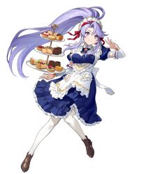 Rule 34 | 1girl, cake, cake slice, detached collar, dress, fire emblem, fire emblem: genealogy of the holy war, fire emblem heroes, floating, floating object, food, frilled dress, frills, fruit, full body, highres, leg up, long dress, long hair, macaron, maid, maid headdress, nintendo, non-web source, official art, pastry, ponytail, puffy short sleeves, puffy sleeves, purple eyes, purple hair, shoes, short sleeves, sidelocks, smile, solo, sparkle, strawberry, tailtiu (fire emblem), thighhighs, tiered tray, transparent background, urata asao