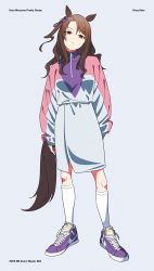 Rule 34 | 1girl, acubi tomaranai, alternate costume, animal ears, brown hair, character name, copyright name, english text, fashion, grey background, highres, horse ears, horse girl, horse tail, king halo (umamusume), kneehighs, long hair, long sleeves, looking at viewer, nike (company), parted lips, product placement, purple footwear, red eyes, shoes, simple background, skirt, sneakers, socks, solo, tail, turtleneck, umamusume, white socks