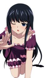 Rule 34 | 10s, 1girl, ;d, all fours, black hair, blue eyes, breasts, cleavage, collarbone, long hair, minamiya natsuki, one eye closed, open mouth, pajamas, purple pajamas, small breasts, smile, solo, strike the blood, transparent background