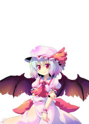Rule 34 | 1girl, dress, female focus, gradient hair, hat, multicolored hair, red eyes, remilia scarlet, short hair, simple background, solo, sw (taco), touhou, white background, wings, wrist cuffs