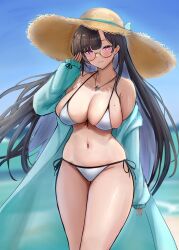 1girl adjusting_eyewear aqua_jacket azur_lane bikini black_hair breasts cowboy_shot day dupleix_(azur_lane) glasses gloves hat highres jacket large_breasts long_hair long_sleeves looking_at_viewer navel purple_eyes solo soul_(dp11) sun_hat swimsuit white_bikini