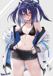 Rule 34 | 1girl, :o, alternate costume, armpits, belt, bikini, black bikini, black shorts, blue archive, blush, breasts, cleavage, coat, collarbone, commentary request, dripping, groin, hair between eyes, halo, hands on own hips, head tilt, highres, hot, ineedu041 tako, long hair, long sleeves, looking at viewer, medium breasts, navel, open clothes, open coat, parted lips, purple eyes, purple hair, short shorts, shorts, sidelocks, simple background, solo, spaghetti strap, stomach, sweat, swimsuit, triangle hair ornament, two side up, white coat, yuuka (blue archive)