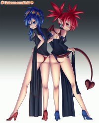 Rule 34 | 10s, 2girls, ass, ass-to-ass, bare shoulders, blue eyes, blue hair, blush, breasts, butt crack, choker, demon girl, demon tail, demon wings, detached sleeves, disgaea, dress, earrings, etna (disgaea), from behind, goggles, goggles on head, high heels, highres, jewelry, long hair, long legs, looking at viewer, makai senki disgaea, multiple girls, neptune (series), nippon ichi (neptunia), patreon, pointy ears, ponytail, red eyes, red hair, reit, shiny skin, side slit, sideboob, smile, tail, take your pick, thong, twintails, wings