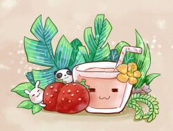 Rule 34 | &gt; &lt;, :3, abaoyin, brown background, cup, drink, drinking straw, flower, food, food focus, fruit, leaf, no humans, original, painttool sai (medium), panda, rabbit, strawberry, strawberry milk