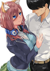 Rule 34 | 1boy, 1girl, animal ear fluff, animal ears, belt, black hair, black jacket, black pants, blazer, blazingchaos, blue cardigan, blue eyes, breasts, brown belt, brown hair, cardigan, closed mouth, collared shirt, commentary request, dog ears, faceless, faceless male, go-toubun no hanayome, green skirt, hand on another&#039;s chest, headphones, headphones around neck, jacket, kemonomimi mode, large breasts, leaning on person, long hair, long hair between eyes, long sleeves, nakano miku, open clothes, open jacket, pants, school uniform, shirt, short hair, skirt, smile, sweatdrop, uesugi fuutarou, white background, white shirt