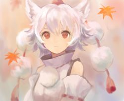 Rule 34 | 1girl, animal ears, autumn leaves, bad id, bad pixiv id, detached sleeves, expressionless, hair between eyes, hat, inubashiri momiji, leaf, looking at viewer, maple leaf, okakan, pom pom (clothes), portrait, red eyes, red hat, shirt, short eyebrows, short hair, solo, tokin hat, touhou, turtleneck, white hair, white shirt, wolf ears