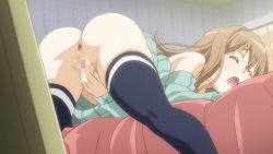 Rule 34 | 1girl, animated, animated gif, anus, ass, bed, bent over, bottomless, censored, dress, female focus, female masturbation, masturbation, moaning, pussy, solo, sweater, sweater dress, tamashii insert, thighhighs