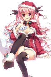 Rule 34 | 1girl, :d, bell, black thighhighs, blue panties, breasts, capelet, christmas, cleavage, cover, cover page, fang, fur trim, gin no cross to draculea, hat, large breasts, leg up, novel cover, open mouth, panties, pantyshot, pink eyes, pink hair, ribbon, rushella dam draculea, sack, santa costume, santa hat, sitting, smile, solo, thighhighs, two side up, underwear, yasaka minato