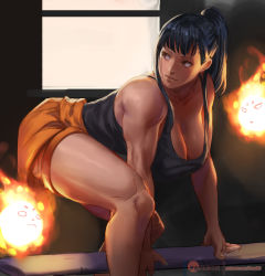 Rule 34 | 1girl, bare shoulders, bent over, black hair, black tank top, breasts, cleavage, en&#039;en no shouboutai, fire, fireball, firefighter, high ponytail, large breasts, looking to the side, maki oze, muscular, muscular female, orange overalls, orange pants, overalls, pants, purple eyes, rejean dubois, spirit, tank top, thighs, window