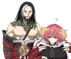 Rule 34 | 1boy, 1girl, ?, armor, black hair, blood, breasts, crossover, dragon boy, dragon claw, dragon girl, dragon horns, facial hair, fur trim, goatee, height difference, horns, huge breasts, ilulu (maidragon), kobayashi-san chi no maidragon, long hair, magic: the gathering, manly, mature male, multicolored hair, nosebleed, pink hair, red eyes, red wingp2, sarkhan vol, sash, single sleeve, streaked hair, trait connection, white background, white hair